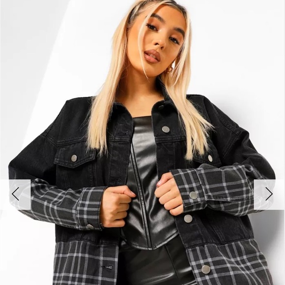 Boohoo Check Contrast Oversized Denim Jacket - Picture 2 of 11